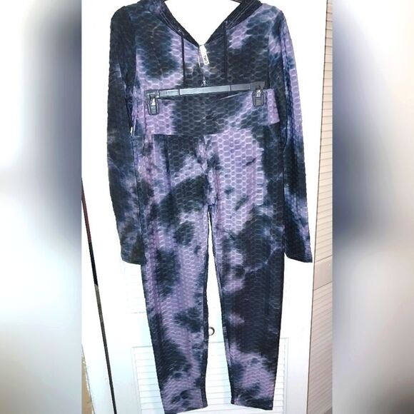Women's Honeycomb Bubble Texture Tie Dye Butt Lift Activewear Sweatsuit Hooded L - Picture 8 of 9